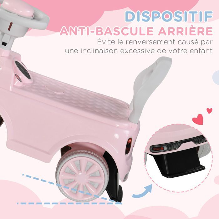 9932 Porteur Enfants Voiture 18-36 Mois Volant klaxon et Butée Anti-bascule Charge 25 kg 53x25x35 cm Rose