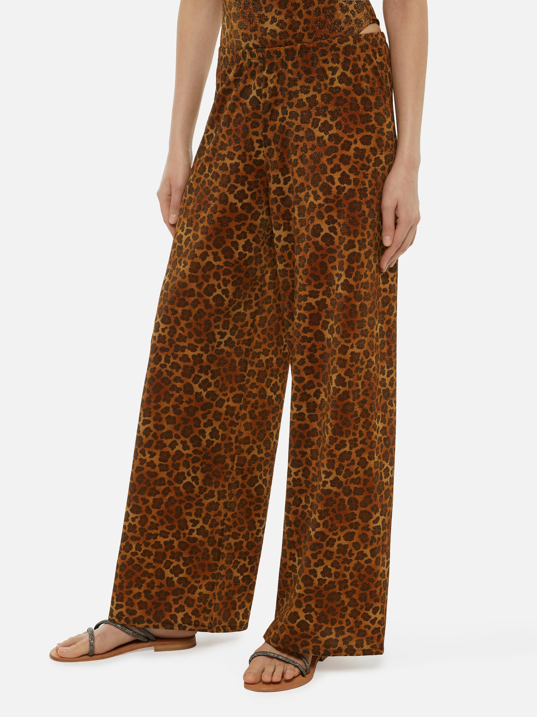 Amalia bukser med vide ben i leopardprint med lurex