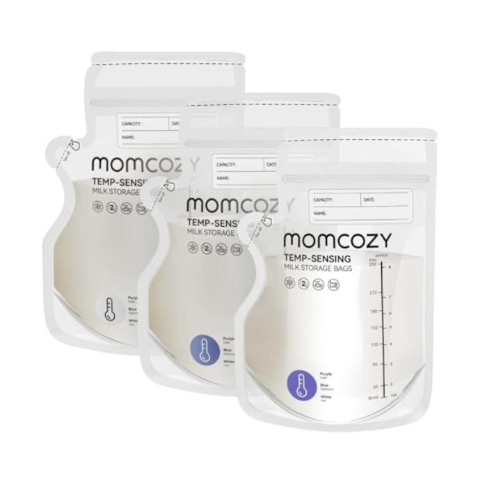 Momcozy Sachets congélation lait maternel 250 ml, indicateur température,60 unités autostables,pré-stérilisés, recyclables sans BPA