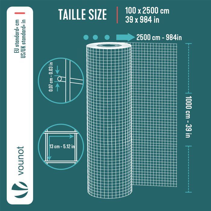 VOUNOT® Galvanized Welded Wire Mesh Roll 0.5x25m - 13mm Mesh 0.7mm Wire - Metal Trellis and Fencing