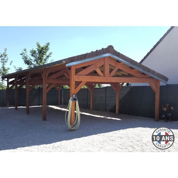 Tettoia per auto in abete di Douglas francese, 74 m² – 2 falde con colmo sfalsato – 10 pali – Riparo per auto da esterno – Garanzia di 10 anni