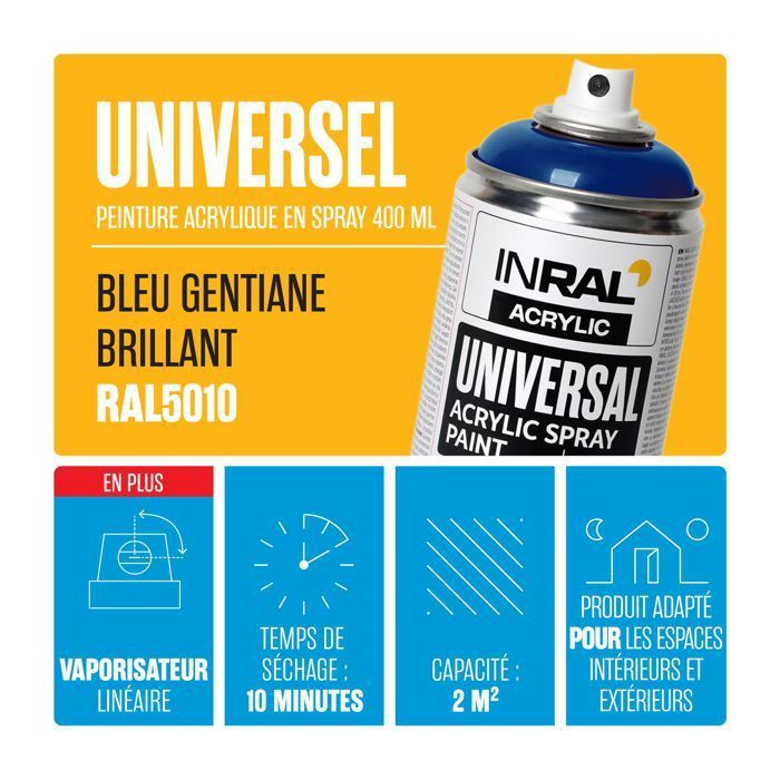 INRAL RAL5010 Gentian Blue Gloss Acrylic Spray Paint – Quick Drying, Durable Indoor/Outdoor Protection – 400 ml