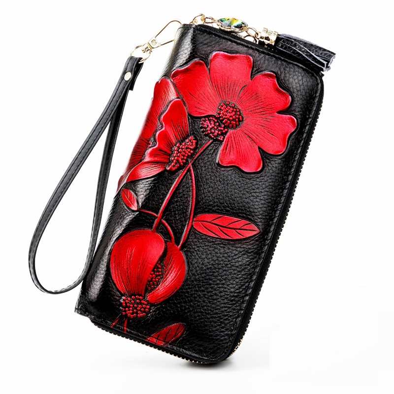 Borsa da donna con doppia cerniera, portafogli da donna in pelle con stampa floreale, portafoglio lungo in vera pelle da donna, pochette capiente da donna