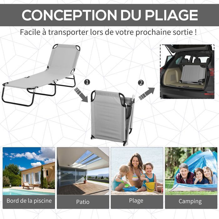 Lettino prendisole - Outsunny - pieghevole - schienale reclinabile in più posizioni - parasole regolabile - 187 x 58 x 36 cm - grigio chiaro