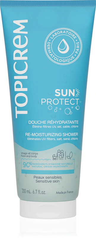 Topicrem Sun Protect Re-Moisturizing Shower, gel de banho hidratante para uso após exposição solar.