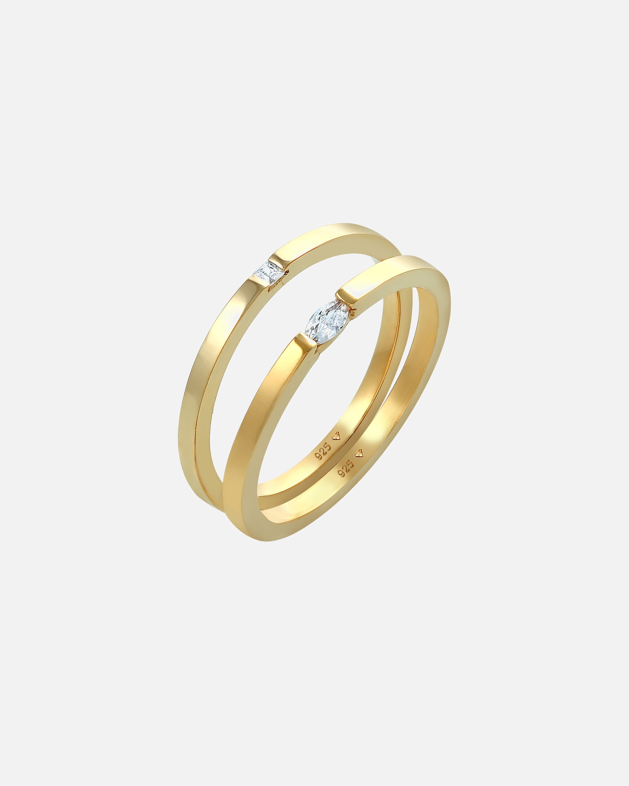 Elli Ensemble Solitaire pour dames Marquise Baguette taillée avec des cristaux de zircone en argent sterling plaqué or 925