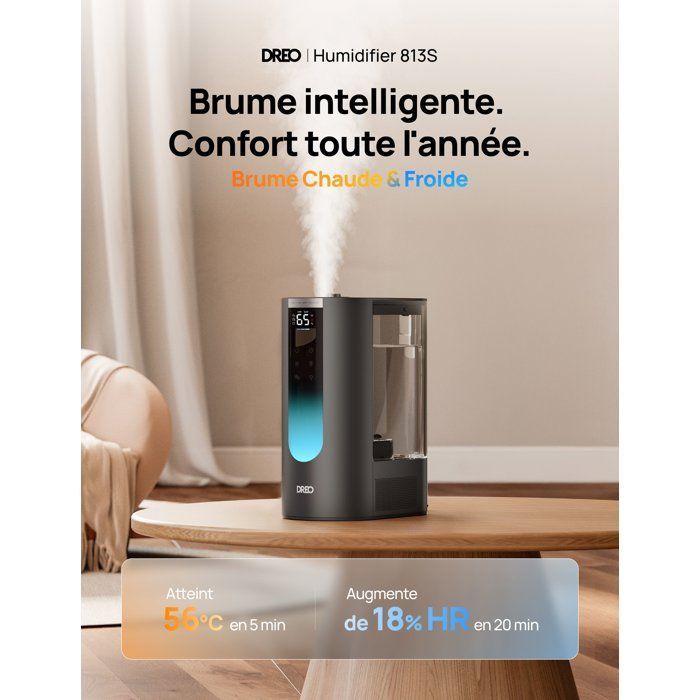 Humidificador - DREO - 813S - Depósito de 6 L - 45 h de autonomía - Silencioso (28 dB) - Calienta en 5 minutos