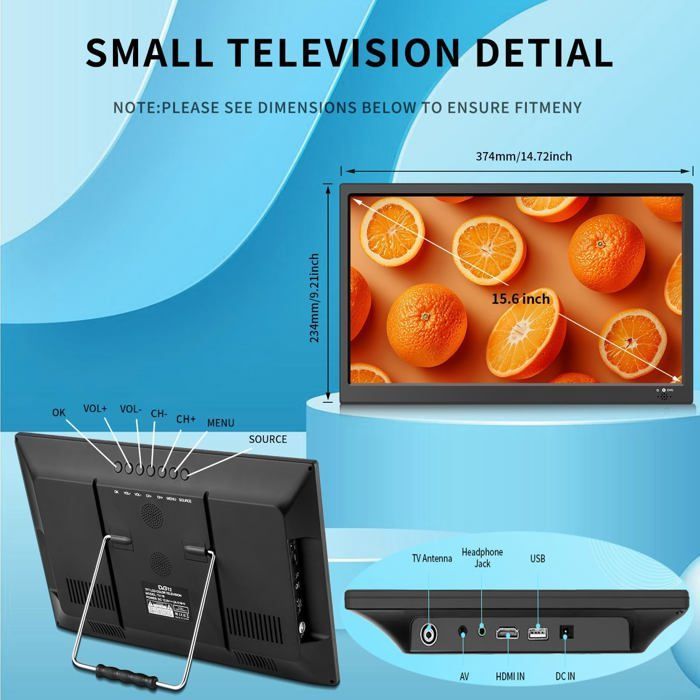 Televisore digitale portatile - SUTEO - 15,6 pollici - DVB-T2 - Ingressi HDMI/USB/AV - Telecomando