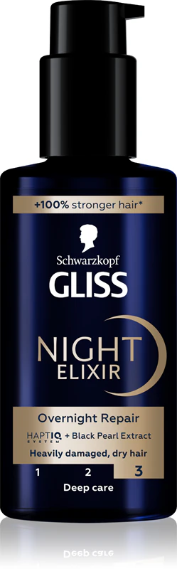 Schwarzkopf Gliss Night Elixir, elixir sem enxágue para cabelos danificados.