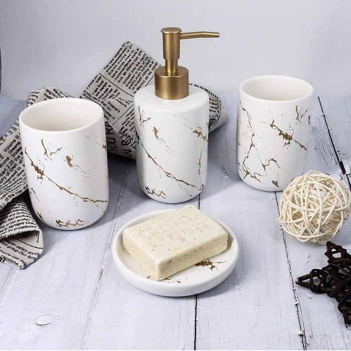 Set van 4 keramische badkameraccessoires met zeepdispenser, bekers en zeepbakje (wit)