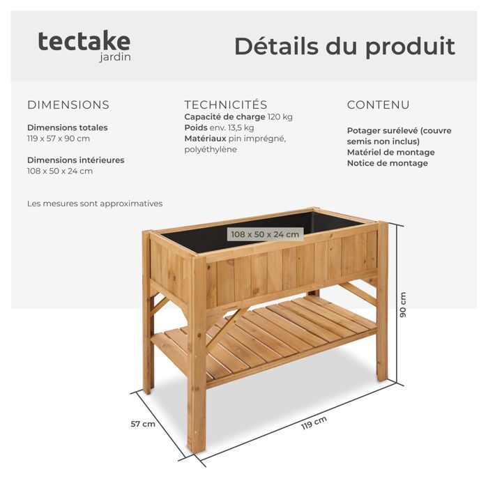 Huerto elevado TECTAKE MODENA con estante, madera de pino resistente, 119x57x90 cm - Marrón