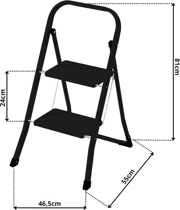 Rijoka Escabeau pliant à 2 marches - Échelle domestique pliable - Acier - Antidérapant - Charge maximale : 150 kg - Noir