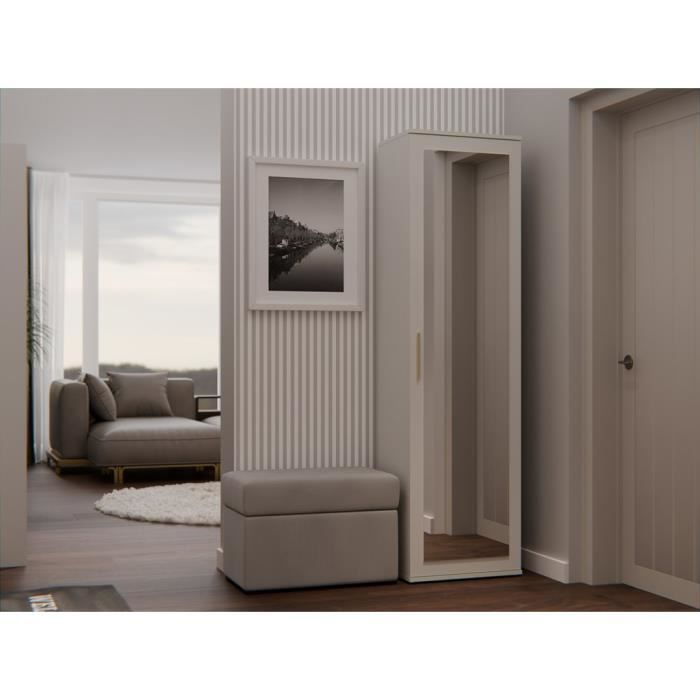 Hallway unit with large mirror - ATARA - 180x50x35 cm - 2 shelves + hanging rail - Coat rack - Beige