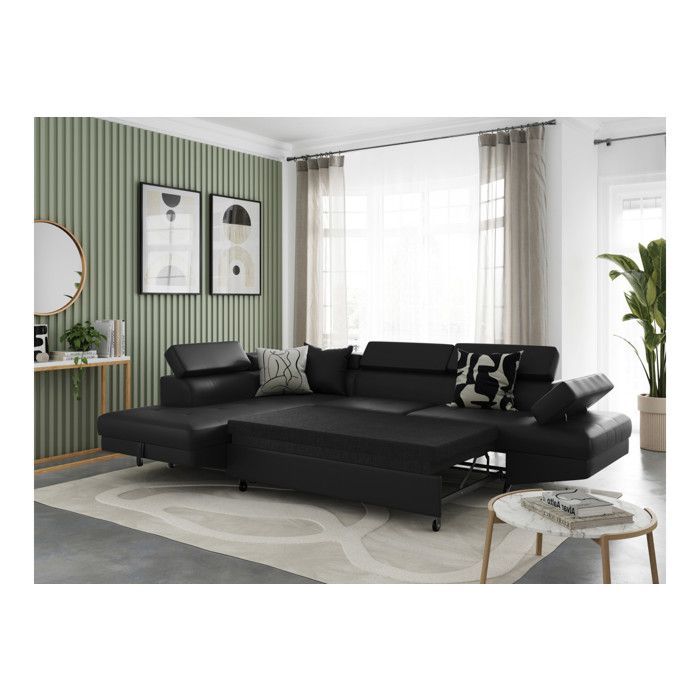 RIO 5-Sitzer Eckschlafsofa links mit Stauraum in Kunstleder - Schwarz - B 271 x T 192 x H 70 cm - LOUNGITUDE