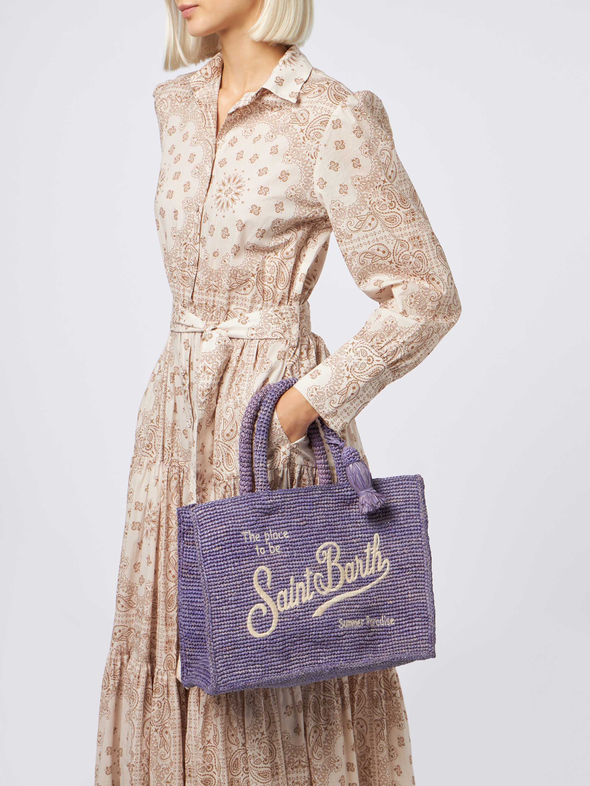 Colette handtas van lila raffia met borduurwerk