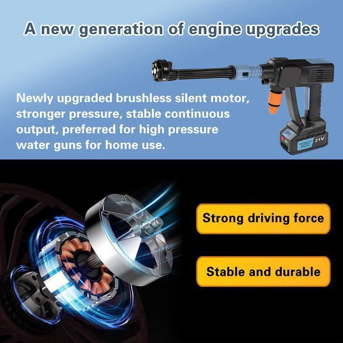 Cordless High Pressure Washer with 2 x 4000mAh Batteries, 6-in-1 Wash Gun with Tap Connector for Cars - 50bar