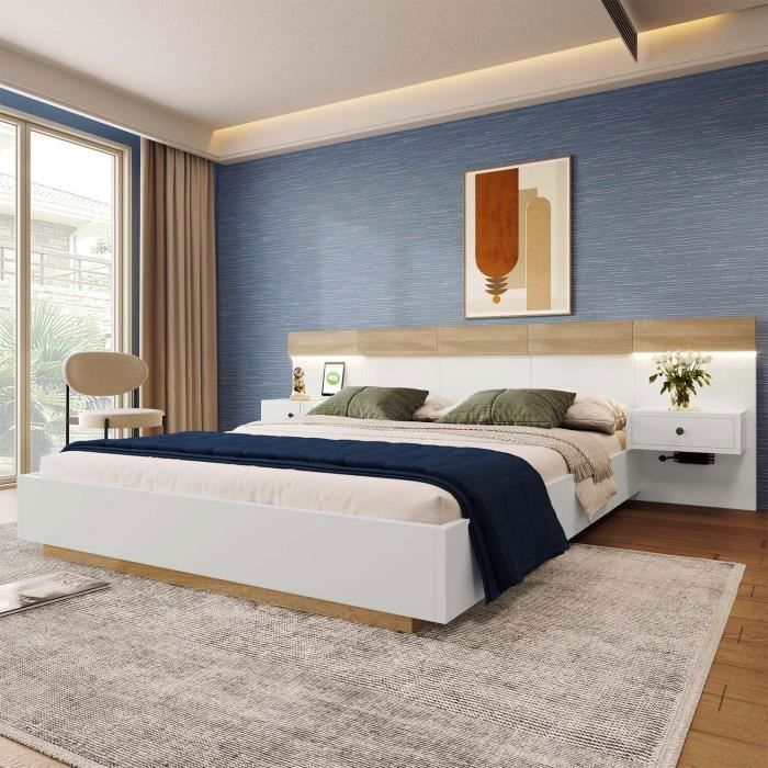ModernLuxe Doppelbett für Erwachsene, 140 x 200 cm, mit schwebenden Nachttischen, LED-Beleuchtung und USB-Anschlüssen, Holzrahmen, Lattenrost, Eiche +