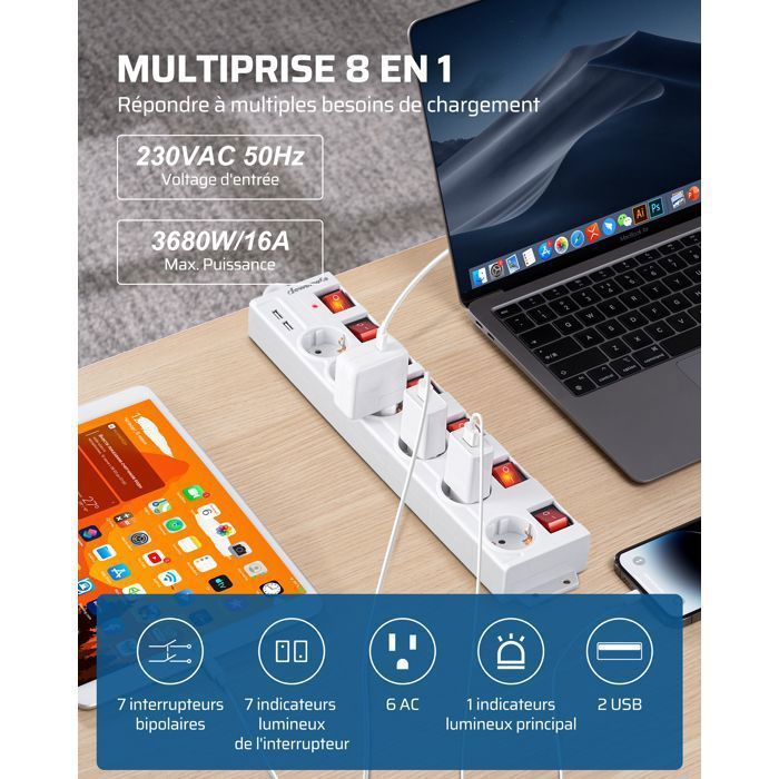 Régua de tomadas DEWENWILS 3680W, 6 tomadas de 16A com 2 portas USB, interruptores individuais, cabo branco de 2m