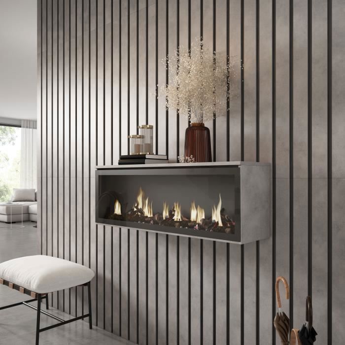 Chimenea eléctrica LED empotrable, efecto llama, 107x38x25cm, salón-comedor, cemento, RF2333