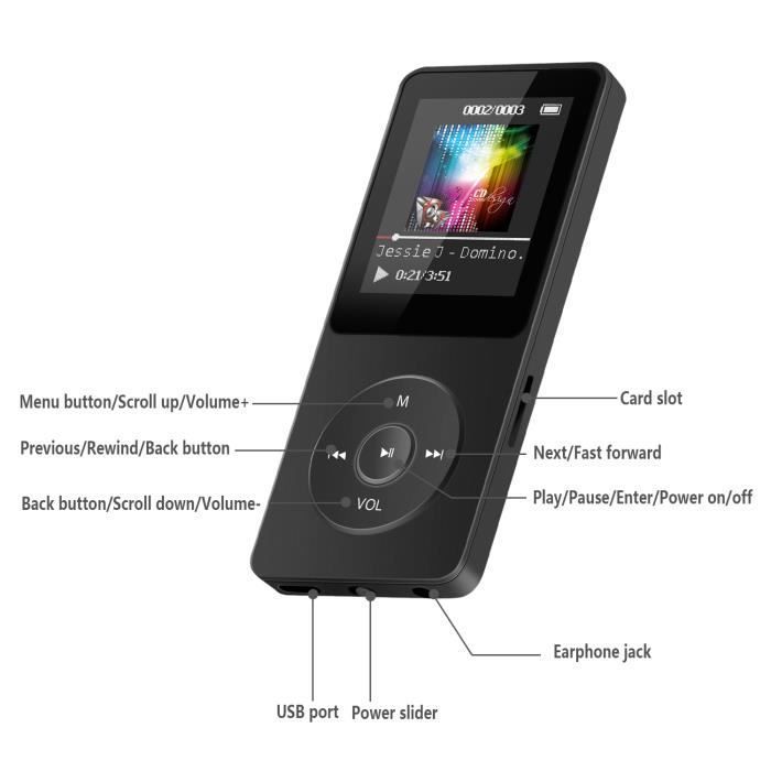 AGPTEK 8GB MP3-speler met 1,8 inch scherm en 70 uur batterijduur - Zwart