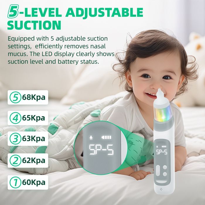 Mouche Bébé Electrique, Aspirateur Nasal pour Bébé Avec 5 niveaux d'aspiration et 3 embouts en silicone, Musique Et Lumière
