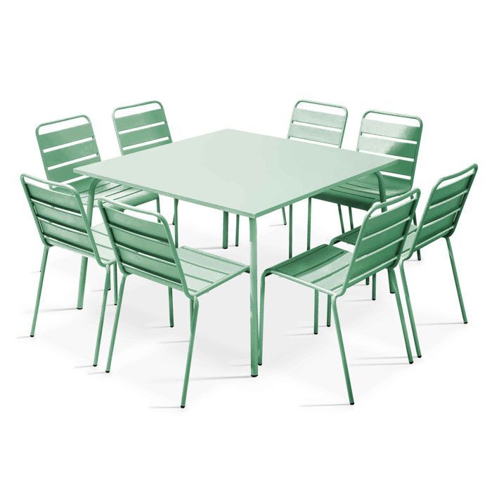 Palavas tuintafel en 8 stoelen in saliegroen metaal, Oviala