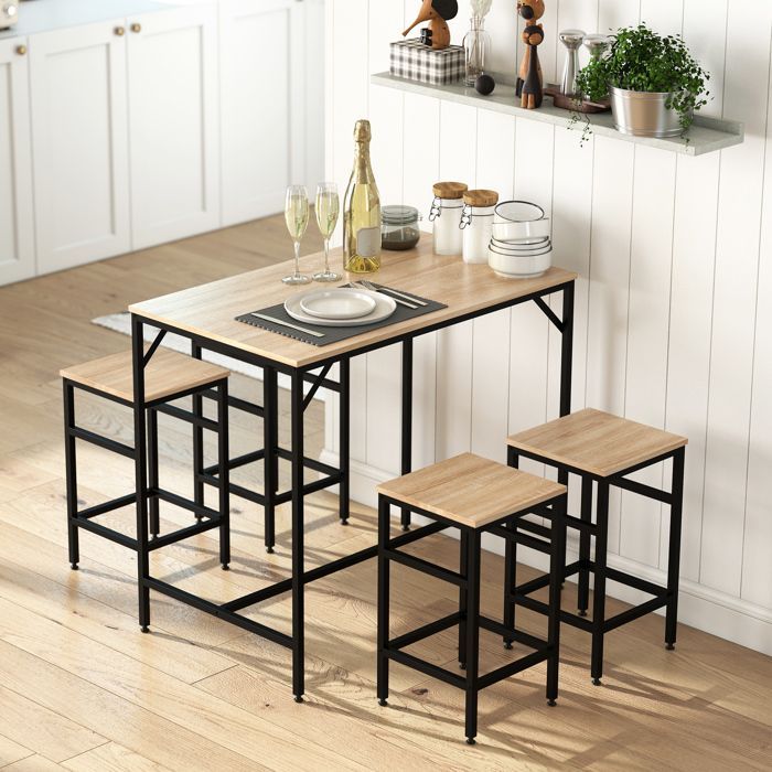 Ensemble table de bar - HOMCOM - industriel + 4 tabourets repose-pieds chêne clair - métal bois - noir