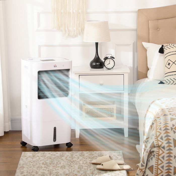 Enfriador de aire - HOMCOM - Enfriador de aire evaporativo portátil 3 en 1 con oscilación, 3 velocidades, control remoto y temporizador de 8 horas - Blanco
