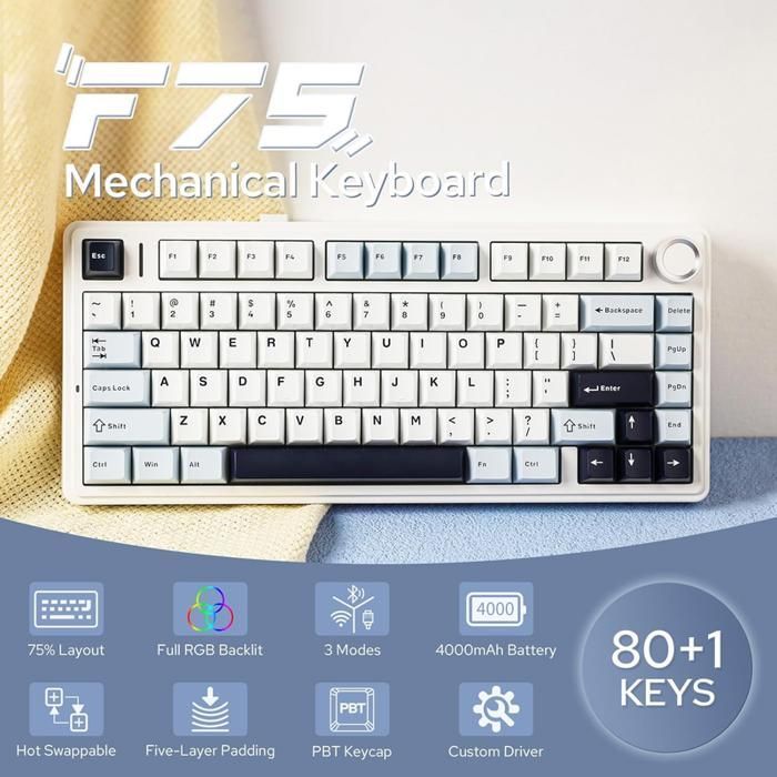 Clavier Gaming Mécanique Sans Fil Aula F75 75% - 3 Modes, Structure Gasket, Switch Interchangeable, Bouton RGBB-Bleu glacier