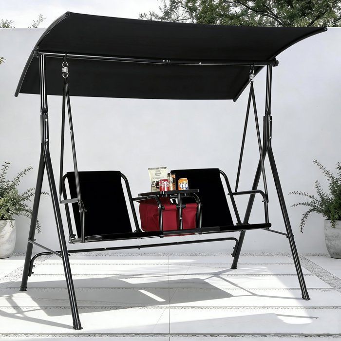 TOYS S-Balancelle de Jardin sur Pied 2 Personnes avec Toit Réglable Imperméabilisant pour Jardin Terrasse Charge Max 210KG-NOIR