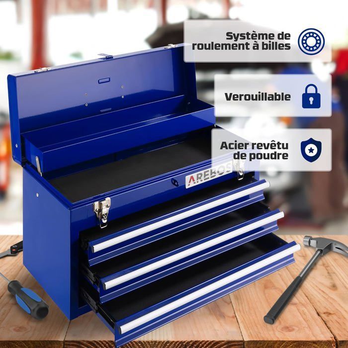 Cassetta portautensili AREBOS con 3 cassetti e 2 scomparti | Blu | Cassetta portautensili | Tappetino antiscivolo