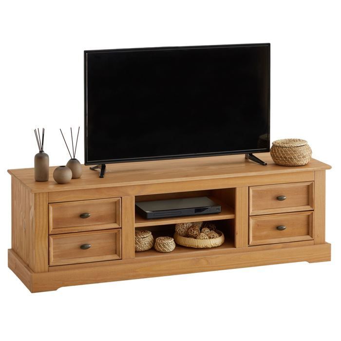 KENT tv-meubel, massief grenen tv-bank met gewaxte afwerking, 144 x 46 x 45 cm, met 4 lades en 2 planken.