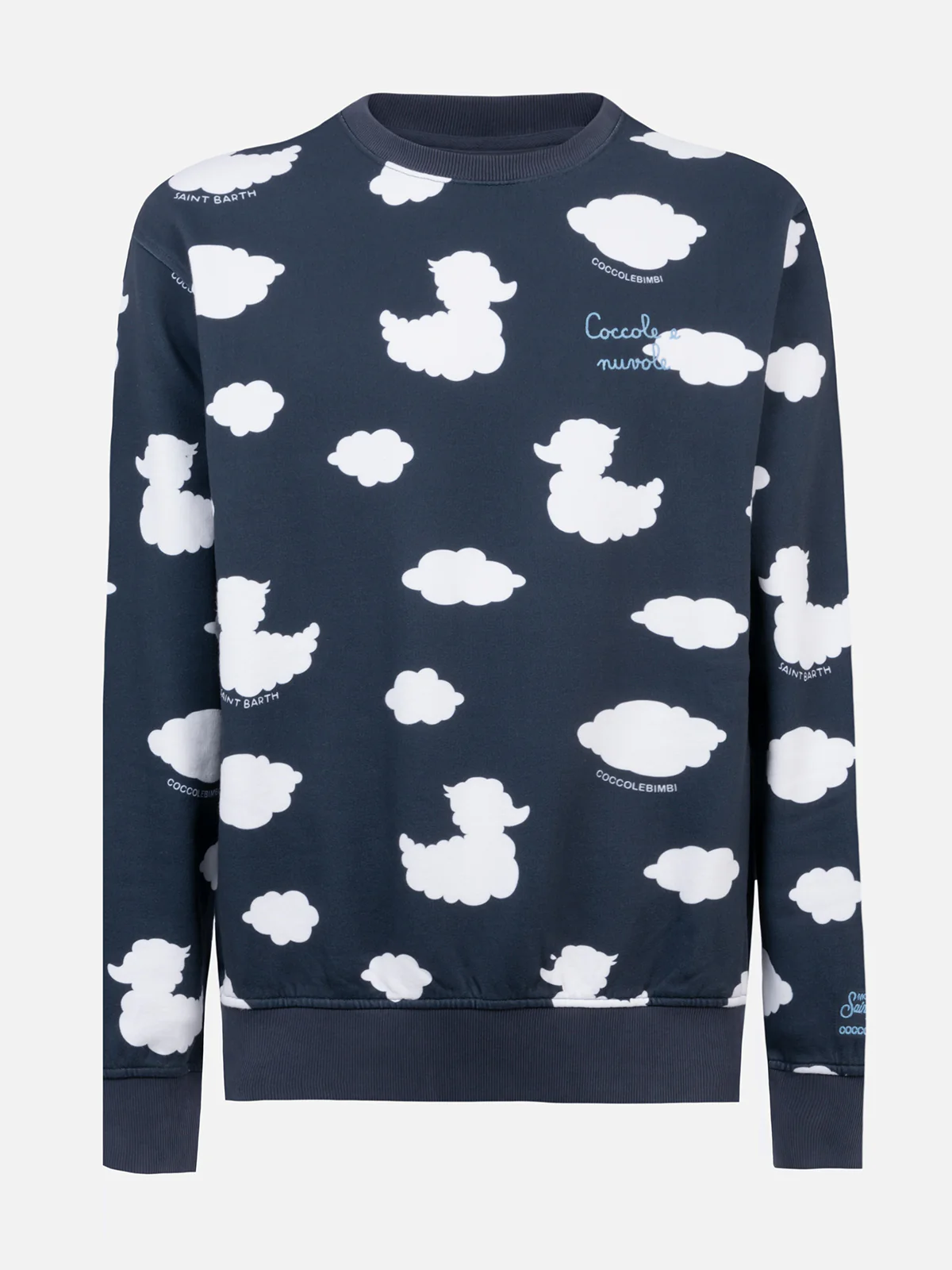 Blauwe sweater met ronde hals en geborduurde tekst 