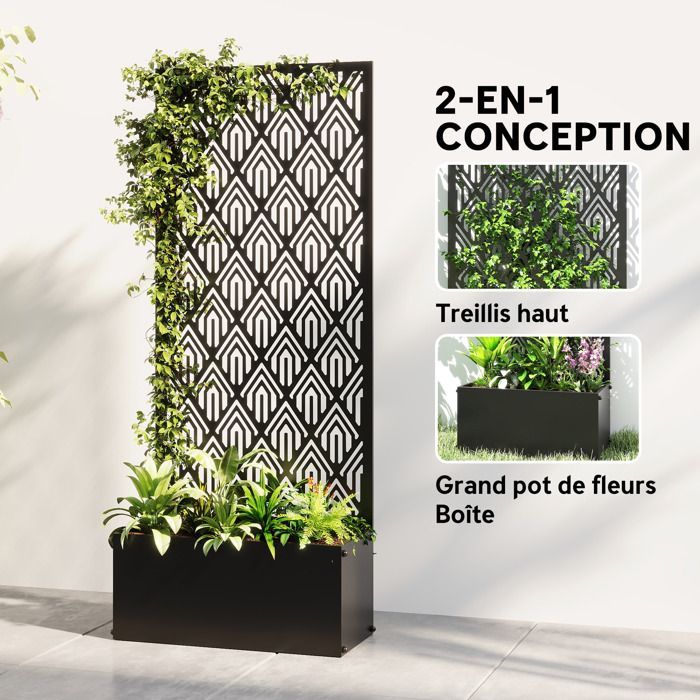Jardinière avec treillis - Outsunny - avec brise-vue - pour plantes grimpantes - métal - 45 x 21,5 x 110 cm - noir