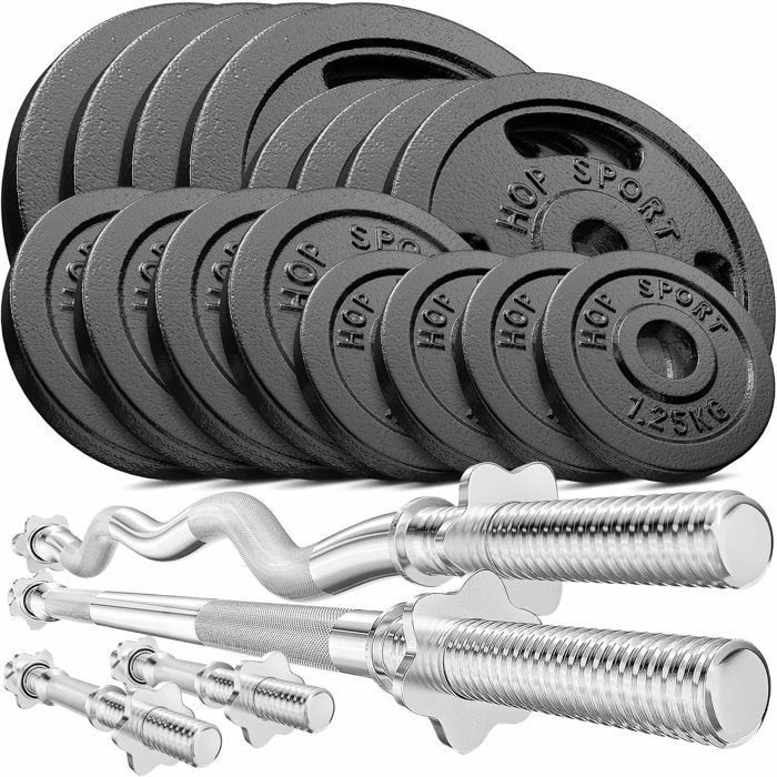Hop-Sport 96kg Cast Iron Dumbbell Set with Two Short Bars, Long Bar, SZ-Curl Bar and Weight Plates, Dumbbell Set