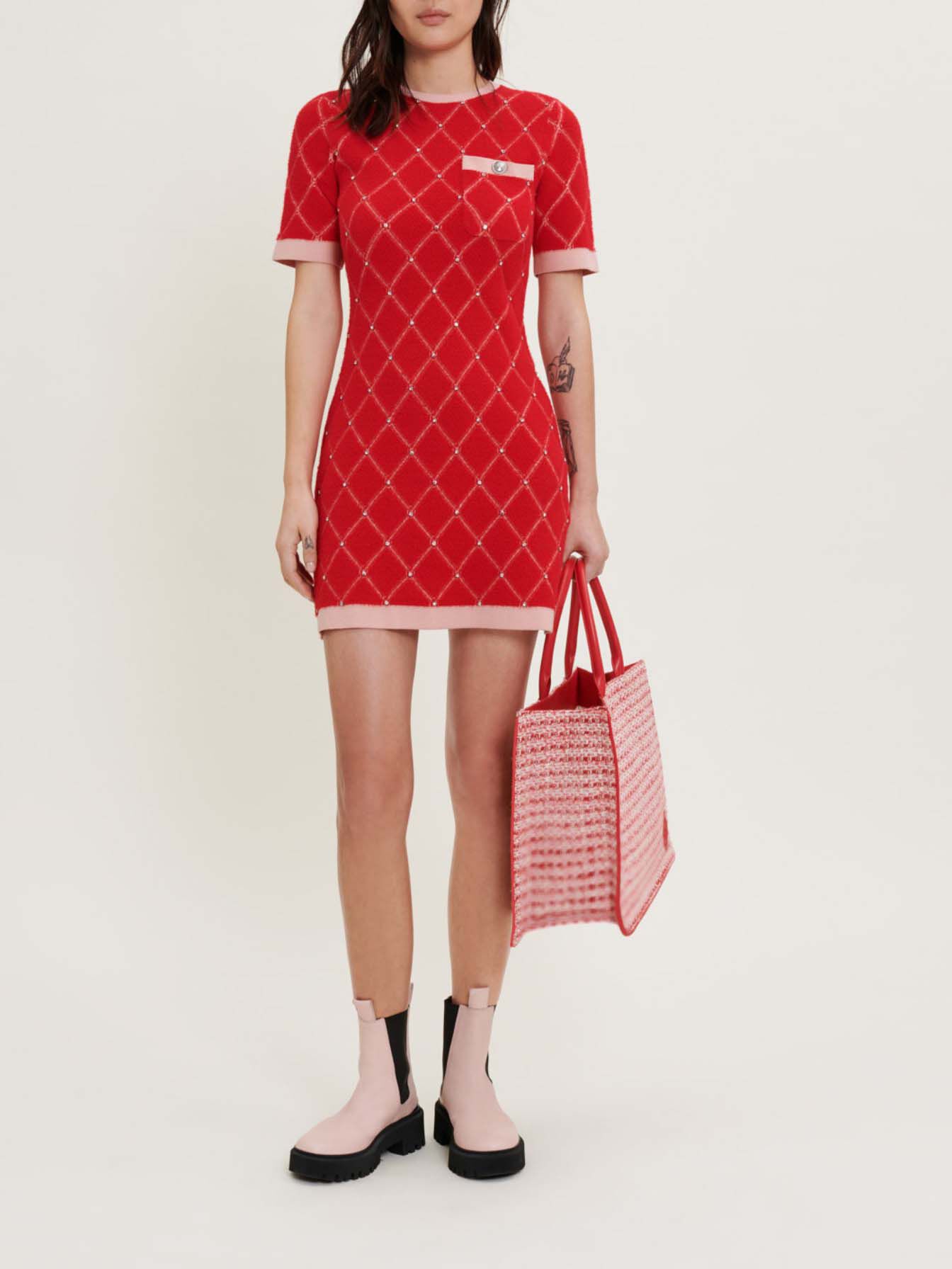 Gebreide jurk met diamanten en strass-steentjes - Rood