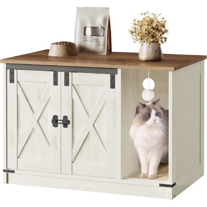 Arenero para gatos, unidad de arenero oculta con cascabel, casita para gatos de interior, color marrón rústico y blanco.