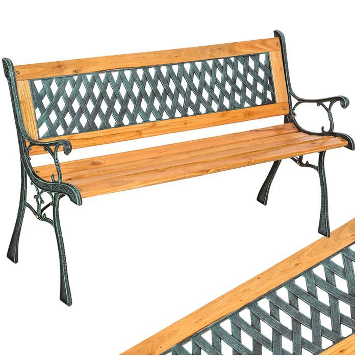 Banco de exterior - TECTAKE - TAMARA Banco de jardín de 2 plazas en madera natural lacada y hierro fundido, 128 x 51 x 73 cm - Marrón