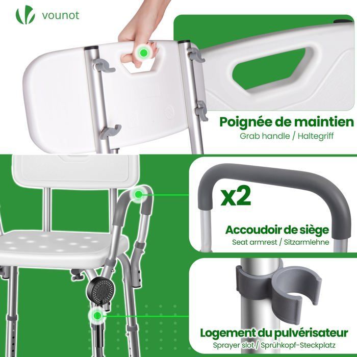 Silla de ducha VOUNOT® con respaldo y reposabrazos - Altura regulable - Patas antideslizantes - Asiento de aluminio y HDPE - Blanca