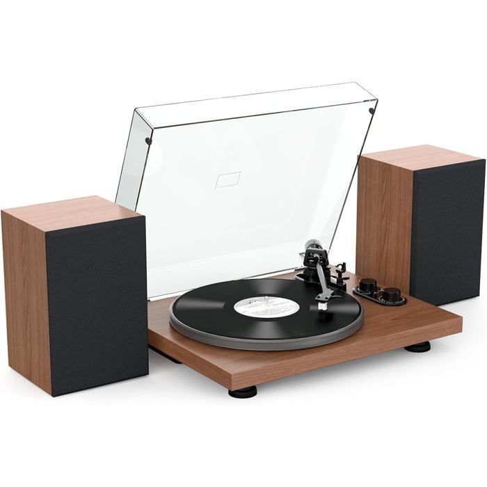Giradischi Hi-Fi Bluetooth, diffusori da scaffale da 40 W, piatto in alluminio, 2 velocità, preamplificatore AT-3600L, marrone.