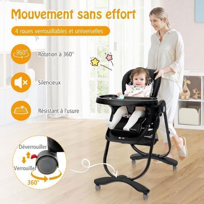 Silla alta plegable para bebé COSTWAY con respaldo reclinable, altura ajustable, bandeja extraíble sin BPA, apta para bebés de 6 meses en adelante, 4 ruedas giratorias, color negro.
