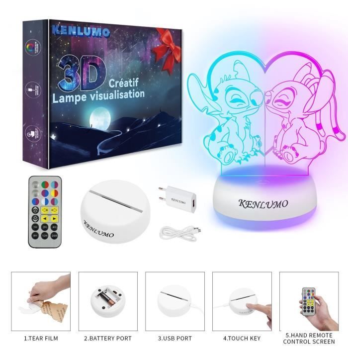 KENLUMO Lampe Stitch Noël Enfant Cadeau Lampe de chevet LED télécommande Touchez pour changer decouleur decoration veilleuse fille