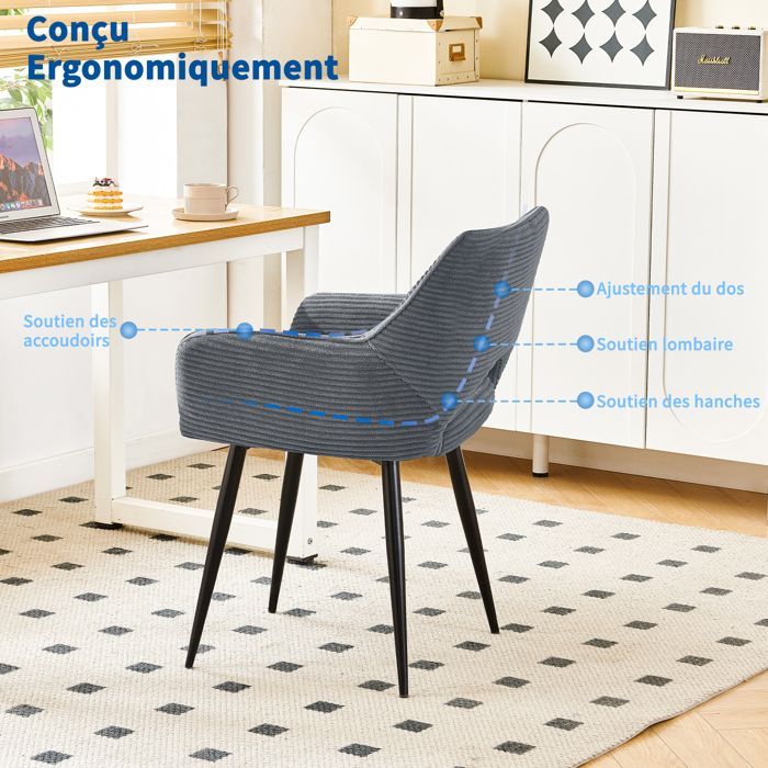 WAFTING Lot de 4 Chaises de Salle à Manger avec Accoudoirs, Rembourrées avec Dossier en Velours,Gris