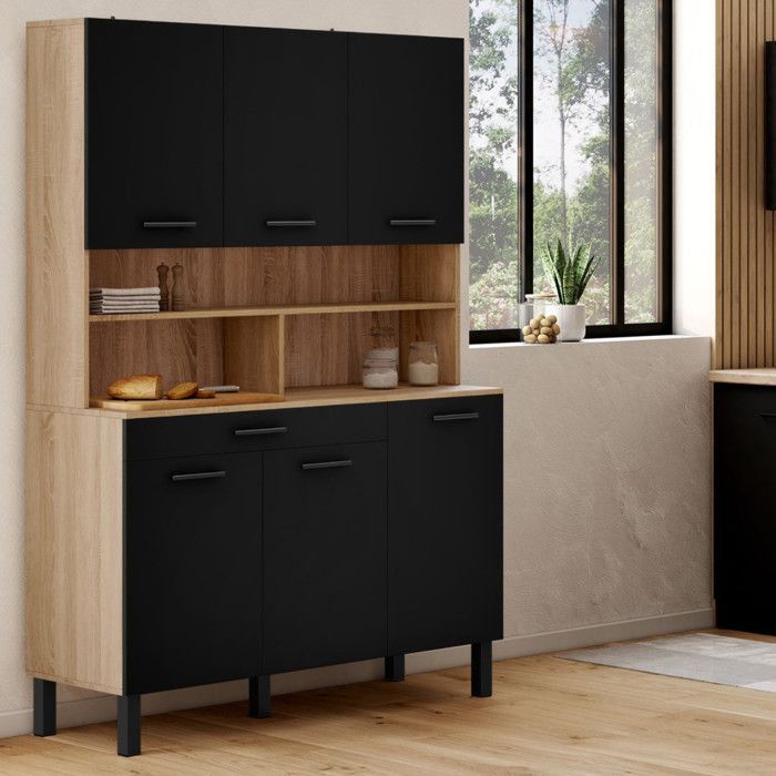 IDMARKET CINA 120cm Kitchen Buffet with 6 Doors + Drawer, Beech and Black Finish