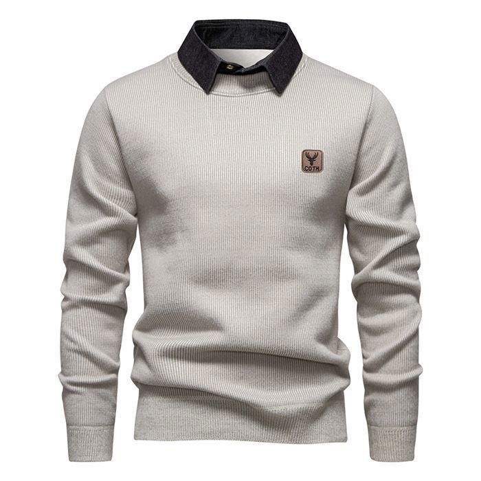 Maglione da uomo lavorato a maglia con colletto foderato in pile, caldo pullover a maniche lunghe, colore a contrasto - Beige