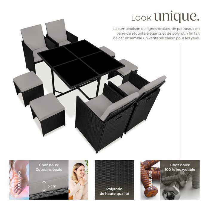 Mobili da giardino - TECTAKE - Set da pranzo per esterni BILABO per 8 persone, resistente e pieghevole, realizzato in resina intrecciata - Nero/Grigio