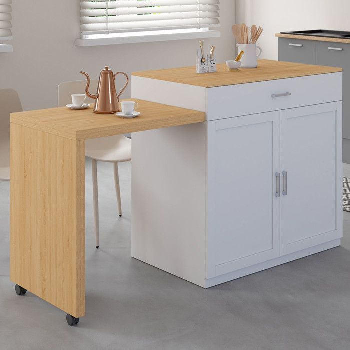 IDMARKET VITO 94-155 cm white wood central island with integrated extendable beech-effect dining table