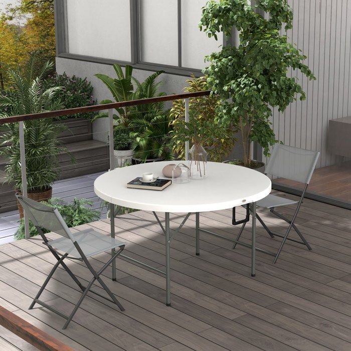Mesa redonda de jardín Outsunny de HDPE, 122x122x73cm, blanca.