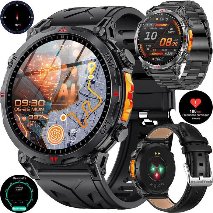 XtraDiTech Smartwatch mit GPS, Herzfrequenzmesser, Sport-Tracker, Kompass, Höhenmesser, barometrischer Anzeige, 1,56