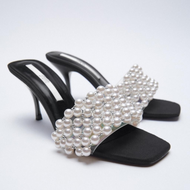 Sandales pour femmes, mode anglaise, sexy, mules à talons aiguilles ornées de perles, chaussures pour femmes, pantoufles pour femmes
